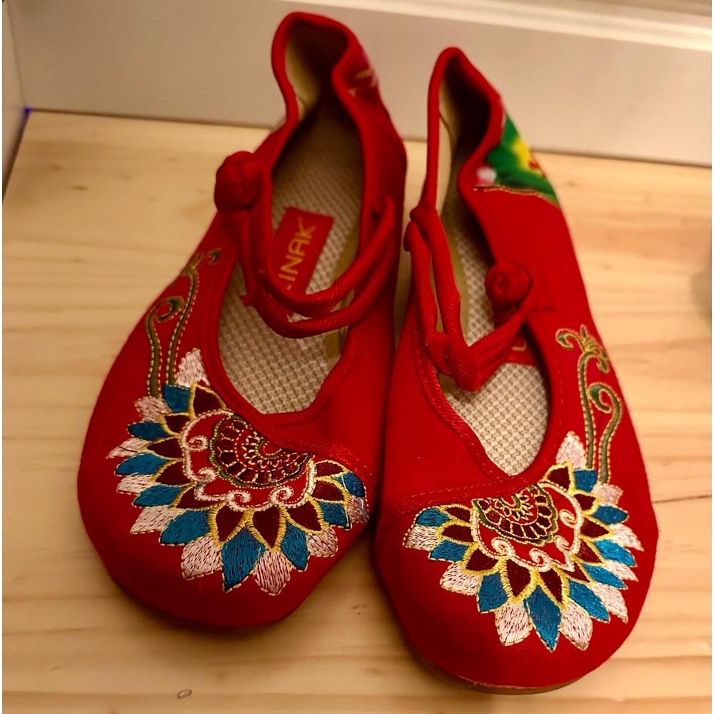 CINAK Red Embroidered Ballet Flats Shoes Dress Shoes